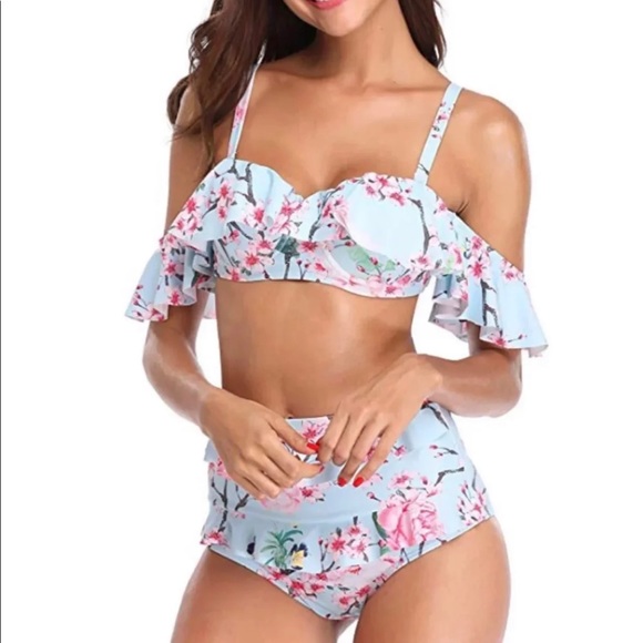 Tempt Me High Waisted Floral Bikini Set - Ruffle & Ruched Tummy Control Two-Piece Swimsuit, Aqua Color, Medium
